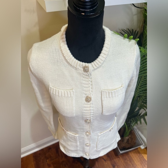 ZARA Jewel Button Shoulder Pad Knit Ivory Cardigan Sweater Jacket Medium - Picture 6 of 12